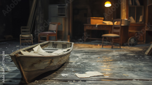 Old boat in a dusty indoor scene.