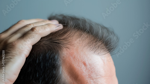 Close-up of a man inspecting hair loss.