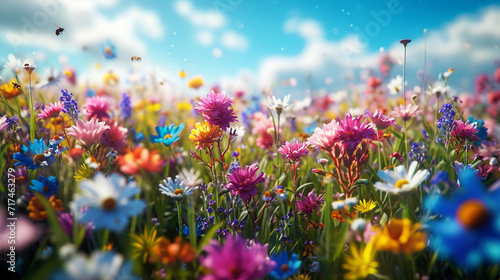 A field of wildflowers in full bloom, alive with vibrant colors and buzzing with the gentle hum of bees gathering nectar.