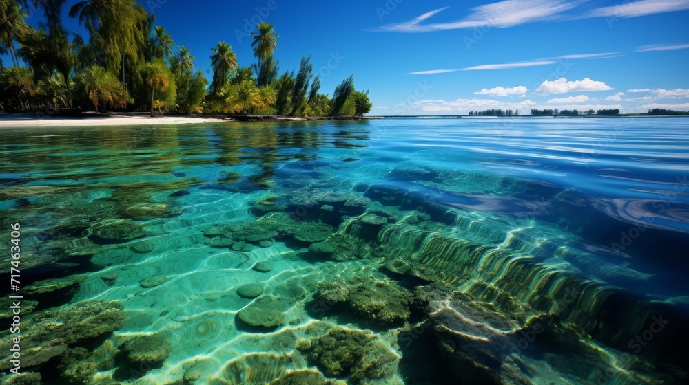 Crystal Clear Tropical Waters with Lush Greenery and Coral Reefs