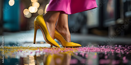 Woman in stylish yellow high heels on a sparkling street. fashion focus on footwear. elegance in urban nightlife. AI