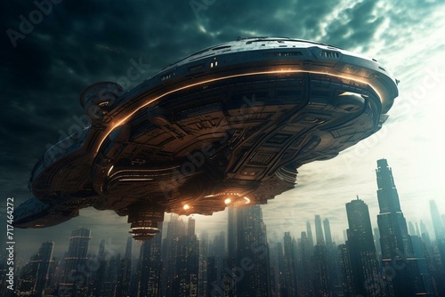 A futuristic city spaceship flying overhead in this science fiction illustration. Generative AI