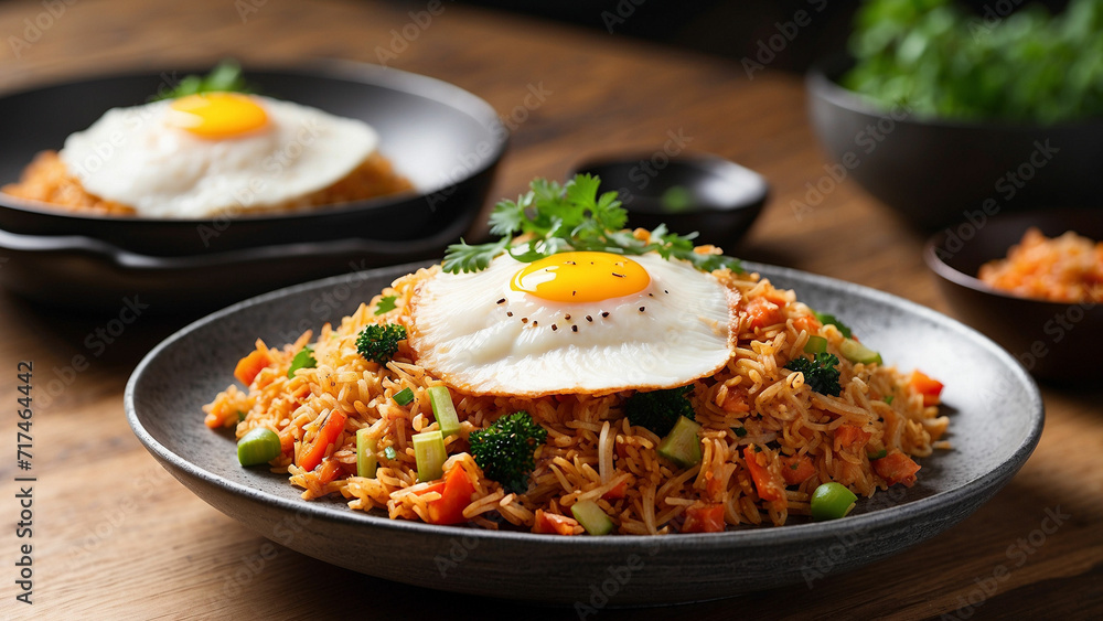a visual feast with a side view of Kimchi fried rice plated on a textured wooden surface to immerse themselves in the delectable details a visual feast with a side view of Kimchi fried rice plated on a textured wooden surface to immerse themselves in the delectable details