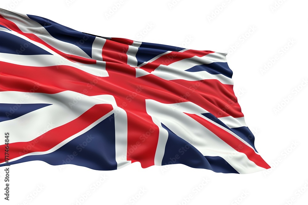 Fototapeta premium Elegant british union jack flag waving gently. vibrant patriotic symbol, isolated on white background. AI