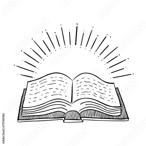 Hand Drawn Open Religious Book With Half Sunburst Icon