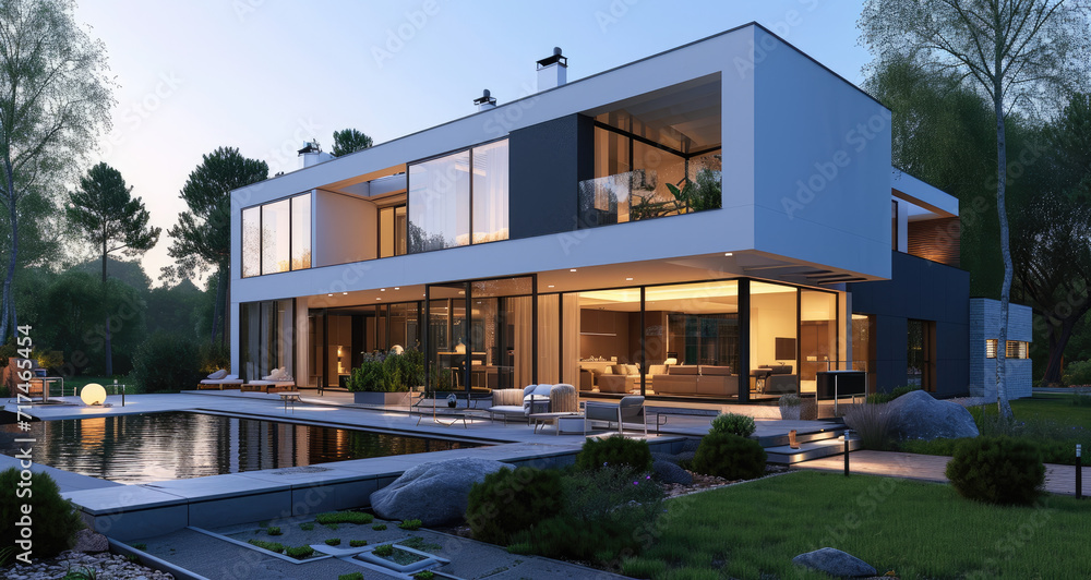 rendering of modern house with white windows on a green grass