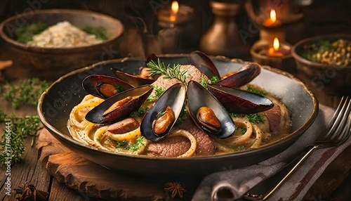 close up illustration of Mussel Linguine in White Wine Sauce 