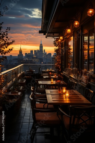 Rooftop bar with panoramic views of the city skyline during the evening  Generative AI