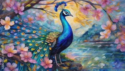 painting style illustration, beautiful peacock in cherry blossom flower garden  © Worship