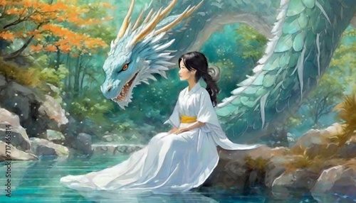 painting illustration style, an Japanese girl sitting with dragon in forest, fairytale artwork
