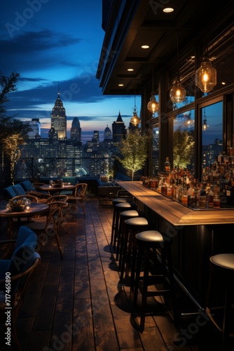 Rooftop bar with panoramic views of the city skyline during the evening, Generative AI