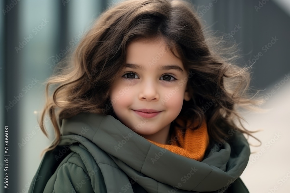 Portrait of a beautiful little girl with long curly hair and orange scarf Portrait of a beautiful little girl with long curly hair and orange scarf