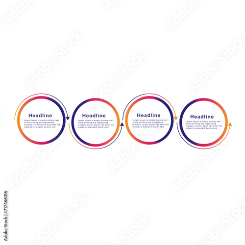 4 step circles. Circular corporate workflow graphic elements. Company flowchart presentation slide template. Vector info graphic design