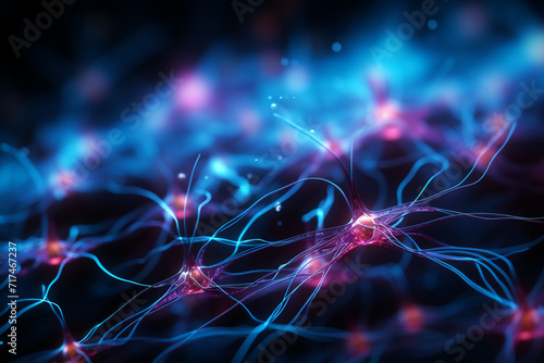 A close-up view of synapses transmitting electrical signals, portrayed in vivid neon colors, showcasing the dynamic communication within the neural network. photo