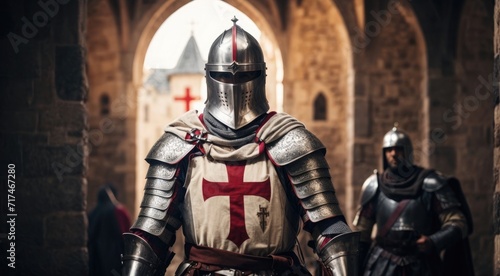 men wearing an armor with a red Christian cross on it in the castle bokeh background. 