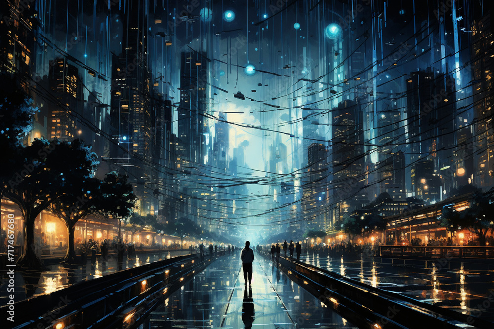 A circuit board transformed into a bustling cityscape, with wires as roads connecting electronic buildings, pulsating with energy in a vibrant and futuristic city at night.