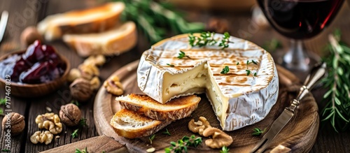 Grilled camembert or brie cheese with bread toasts  nuts  herbs  wine  rustic background.
