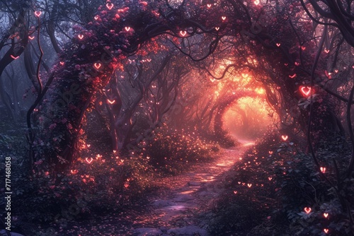 Mysterious path in the misty forest with red hearts. photo