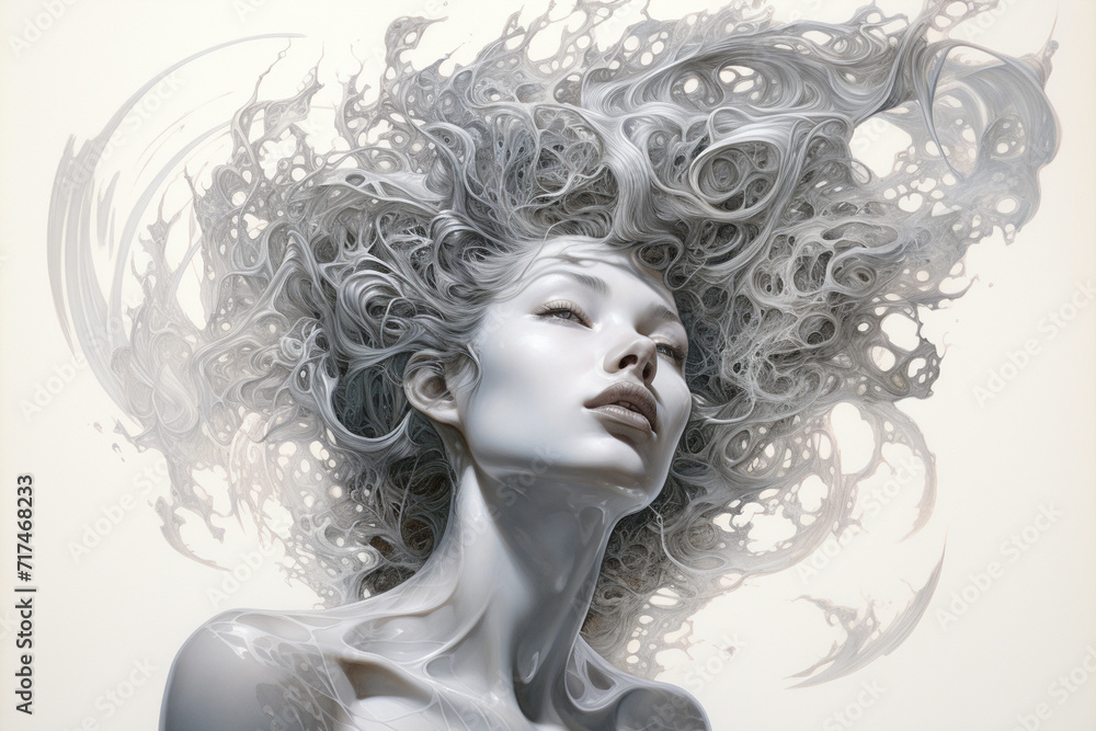 An ethereal depiction of a celestial being, surrounded by swirling galaxies and cosmic elements, rendered with fine pencil strokes on a pristine white canvas.