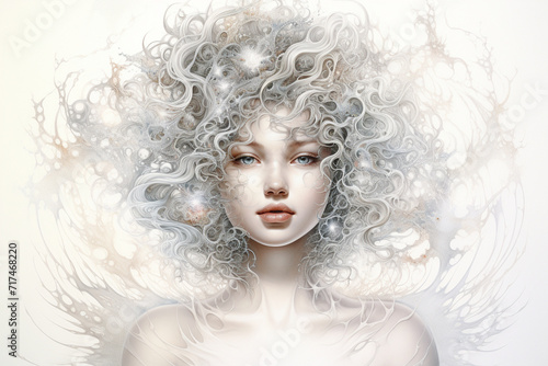 An ethereal depiction of a celestial being  surrounded by swirling galaxies and cosmic elements  rendered with fine pencil strokes on a pristine white canvas.