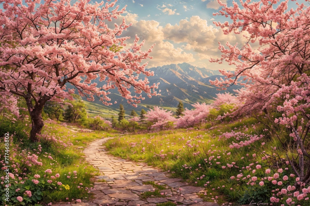 Beautiful spring landscape with pink cherry blossoms in the mountains. Beautiful spring landscape with pink cherry blossoms in the mountains.