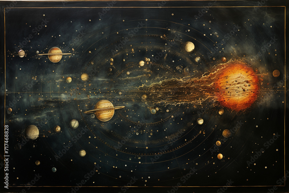 A celestial illustration of planets and constellations, with stars and galaxies gracefully arranged along the ruled lines, turning the paper into a cosmic canvas.