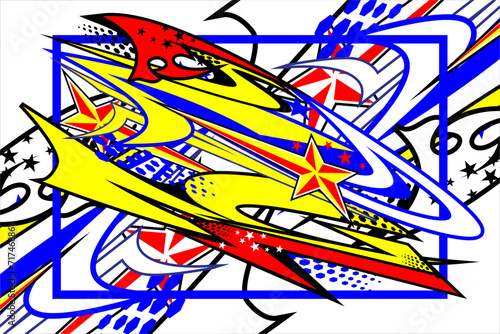 vector abstract racing background design with a unique striped pattern and a combination of bright colors such as red, yellow and blue as well as a star effect, looks cool