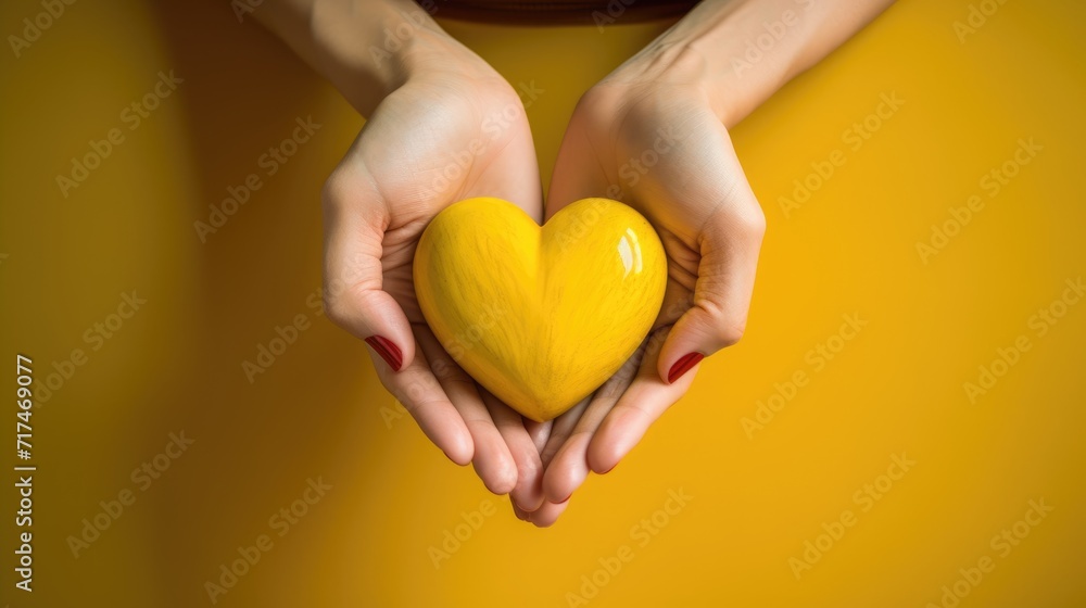 Female hands on a yellow background holding a yellow heart. The concept of donations and family insurance, World Heart Day. Valentine's Day. Female hands on a yellow background holding a yellow heart. The concept of donations and family insurance, World Heart Day. Valentine's Day.