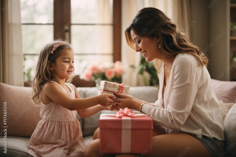 daughter giving gift to her mother on mother's day daughter giving gift to her mother on mother's day