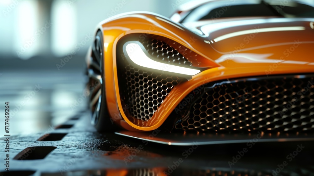 A detailed shot of the front grille of a sports car where small vents can be seen that allow air to p through and reduce air pressure under the car creating downforce. - obrazy, fototapety, plakaty 