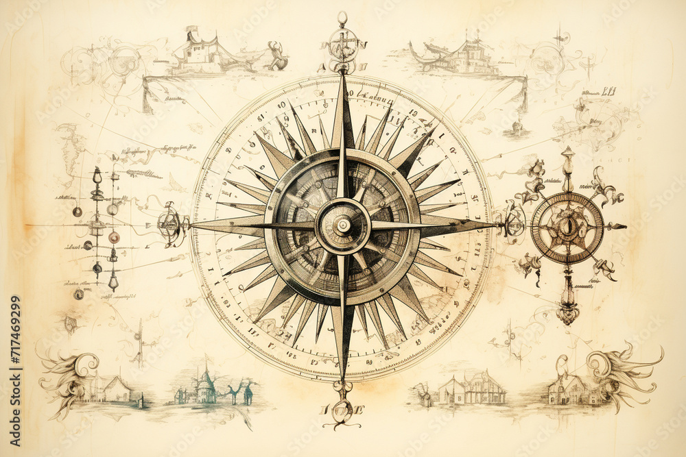 A detailed illustration of an old-fashioned compass rose, with ruled lines transforming into directional points, creating a sense of exploration and navigation.