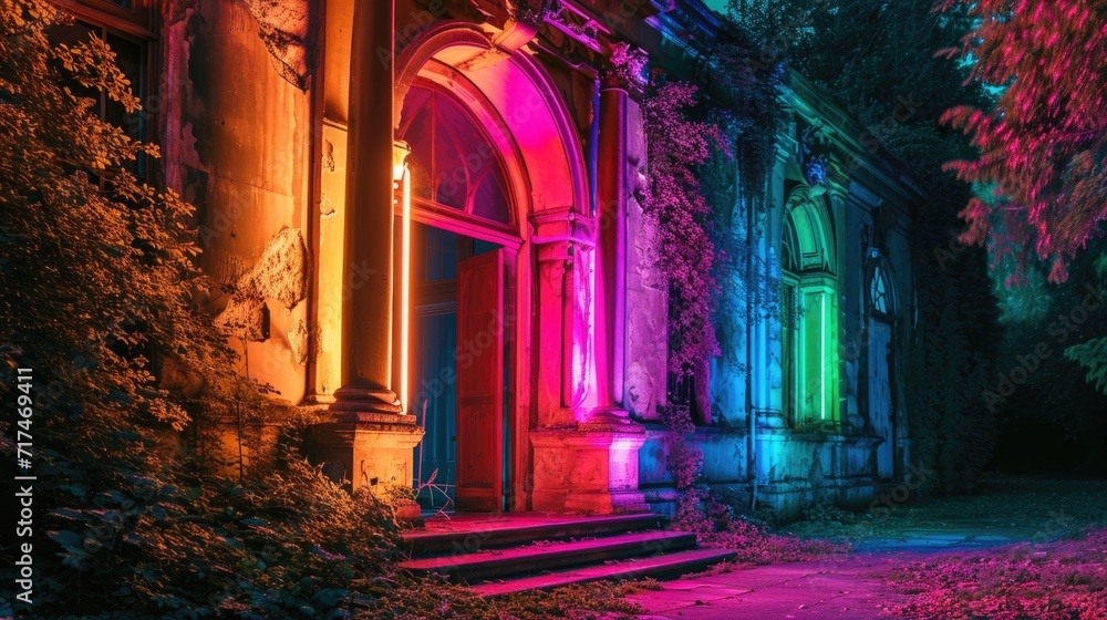 The decaying facade of an old palace now lit up in an electrifying neon rainbow. - obrazy, fototapety, plakaty 