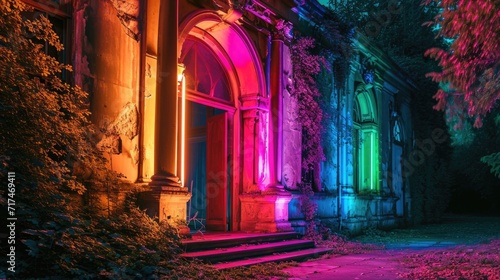 The decaying facade of an old palace now lit up in an electrifying neon rainbow. photo