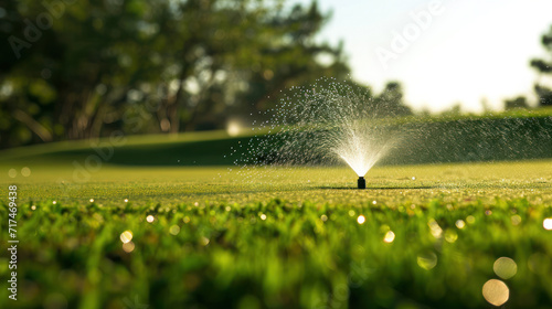 Garden irrigation system lawn. Automatic lawn sprinkler watering green grass. Selective focus.