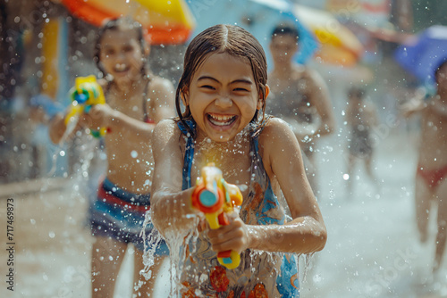 Happy summer days by the pool with the family. Songkran Day, a time of pure happiness and fun.