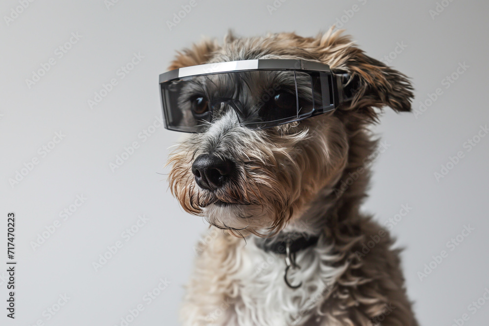 The dog wears VR glasses, has fun, expresses ease.