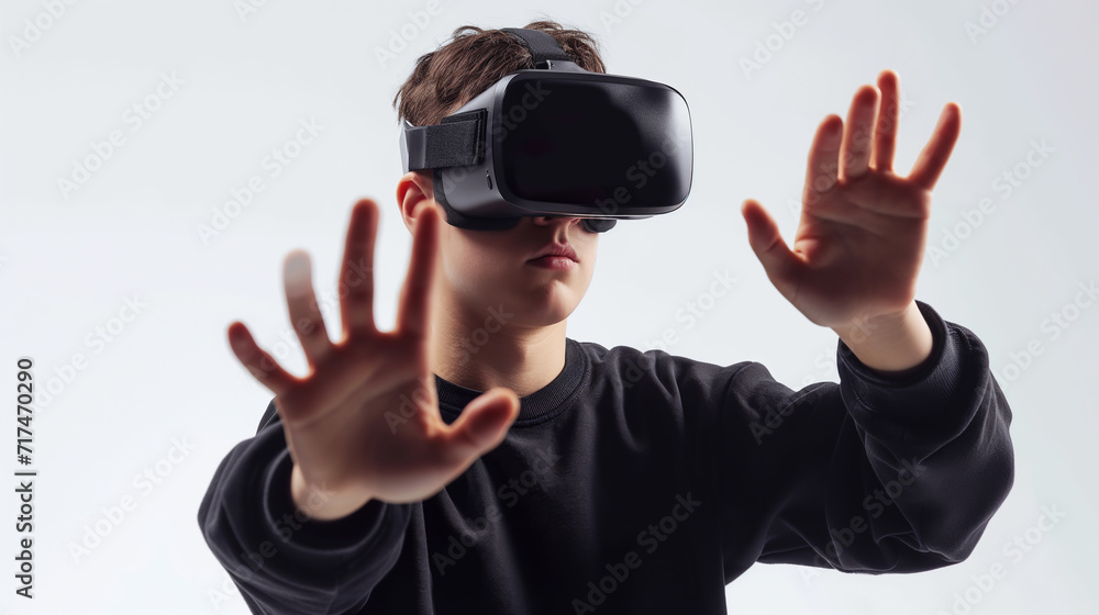 A man wearing Vr glasses is having fun, showing a casual expression. A man wearing Vr glasses is having fun, showing a casual expression.
