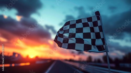 Against a backdrop of deepening purplishblue skies the checkered flag is waved in excitement and celebration. photo