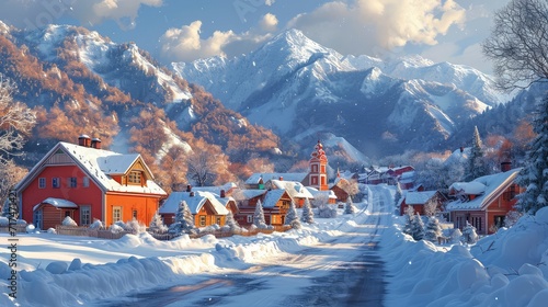 Village Near Snow Mountain, Background Banner HD