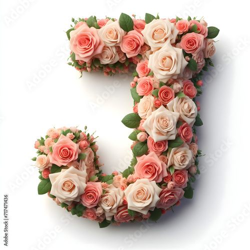 The letter J is made out of rose flowers, the Rose Alphabet, and Valentine Designs, on a White background, isolated on white, photorealistic  © TJ_Designs
