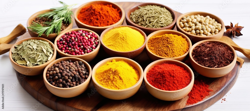 Vibrant array of colorful spices, aromatic herbs, and kitchen utensils on white background Vibrant array of colorful spices, aromatic herbs, and kitchen utensils on white background