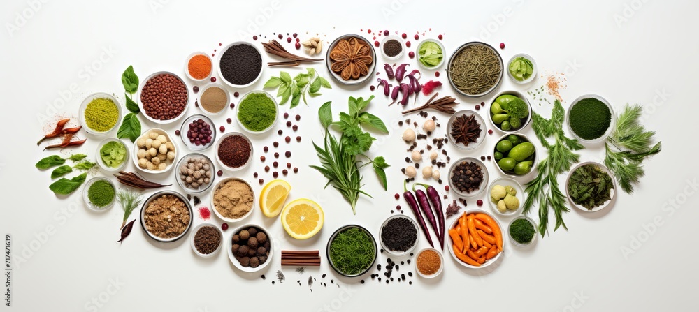 Colorful spices, aromatic herbs, and elegant utensils arranged artfully on pristine white backdrop Colorful spices, aromatic herbs, and elegant utensils arranged artfully on pristine white backdrop