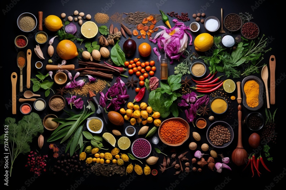 Captivating mix of colorful spices, aromatic herbs, and elegant kitchen utensils on sleek black backdrop