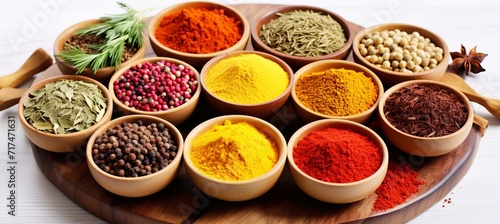 Vibrant array of colorful spices, aromatic herbs, and kitchen utensils on white background
