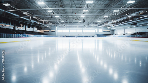 A well-lit, vacant ice skating rink showcasing glossy reflections.