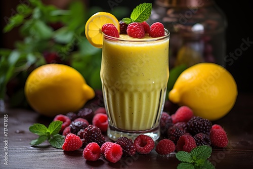 Refreshing smoothie. vibrant energy in a glass  surrounded by colorful  juicy fruits