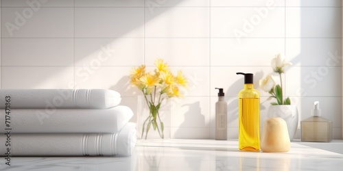 A yellow soap bottle in the bathroom. Generative AI © original logo