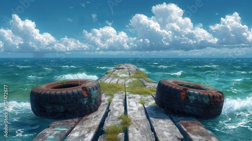 Wooden Pier Old Tires On Kazashko, Background Banner HD photo