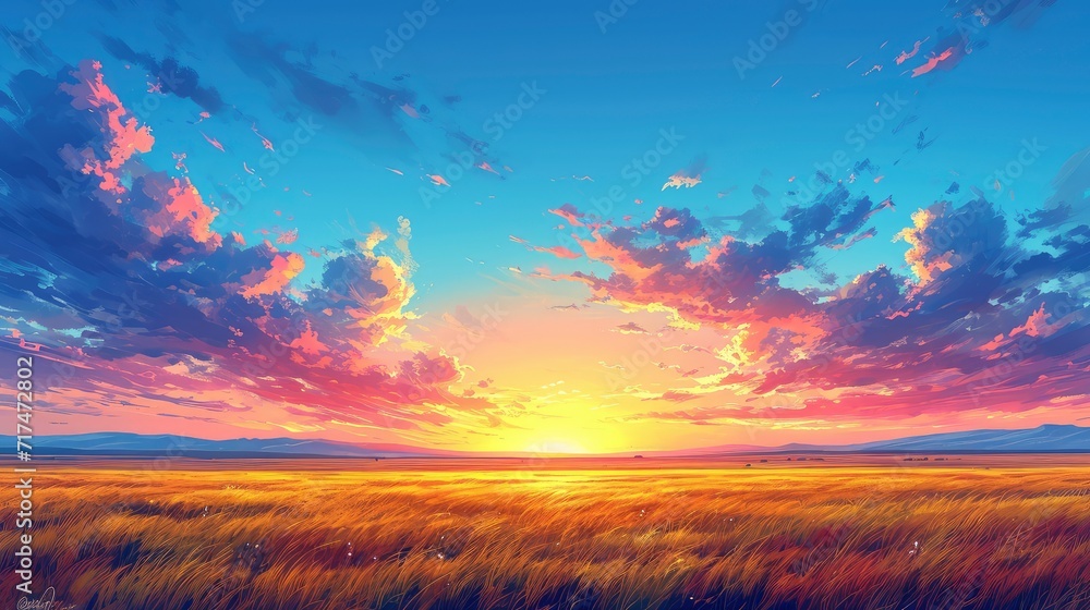 Fototapeta premium Yellow Blue Sky Evening Summer Plain, Background Banner HD