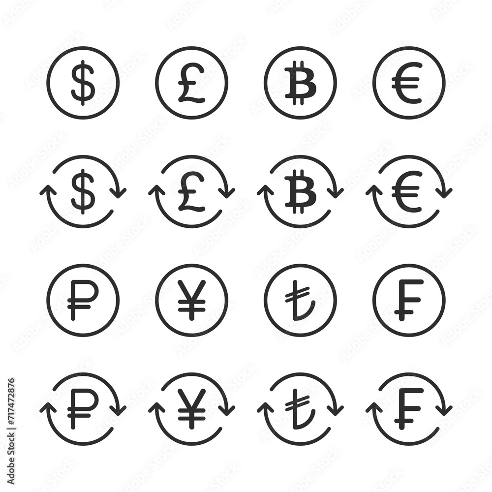currency symbol icon sets. Currency exchange line icon set. Dollar, euro, pound, russian ruble, yen, bitcoin minimal vector illustration. currency symbol icon sets. Currency exchange line icon set. Dollar, euro, pound, russian ruble, yen, bitcoin minimal vector illustration.